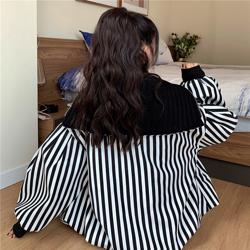 Nomikuma Autumn Winter Korean Causal Striped Women Jakcet Long Sleeve Zipper Turn-down Collar Coat New Femme Outwear 6C773 210427