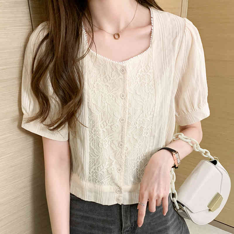 White Tops Vintage Summer Square Collar Cotton Lace Women Blouse Office Lady Solid Cardigan Shirts for 9777 210506