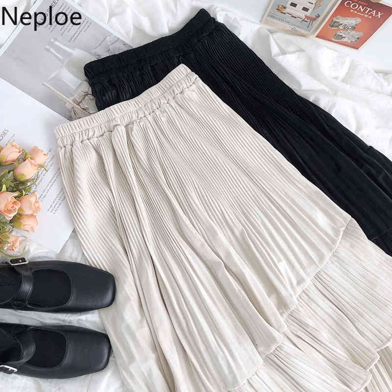 Neploe Irregular Women Skirts Solid Pleated Streetwear High Waist Chiffon Faldas Mujer Korean Fashion Chic Harajuku Simple Jupe 210422