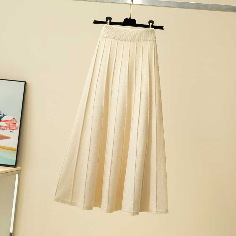 Women Knitted Ribbed Pleated Midi Skirts Solid Warm A-Line Skirt Female Winter Autumn Trendy Elegant Ladies Bottoms Girls 210619
