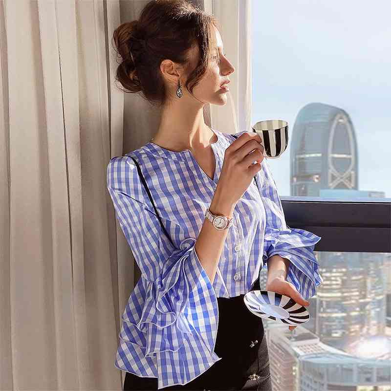 Dabuwawa Ruffled Women Blouse Shirt Striped Print Buttons Female Tops Shirts Autumn Spring Office Ladies Blouses DO1AST009 210520