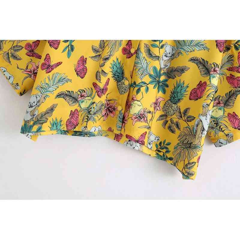 vintage boho female short shirts summer yellow floral women blouses twill pattern ladies fashion girls 210430