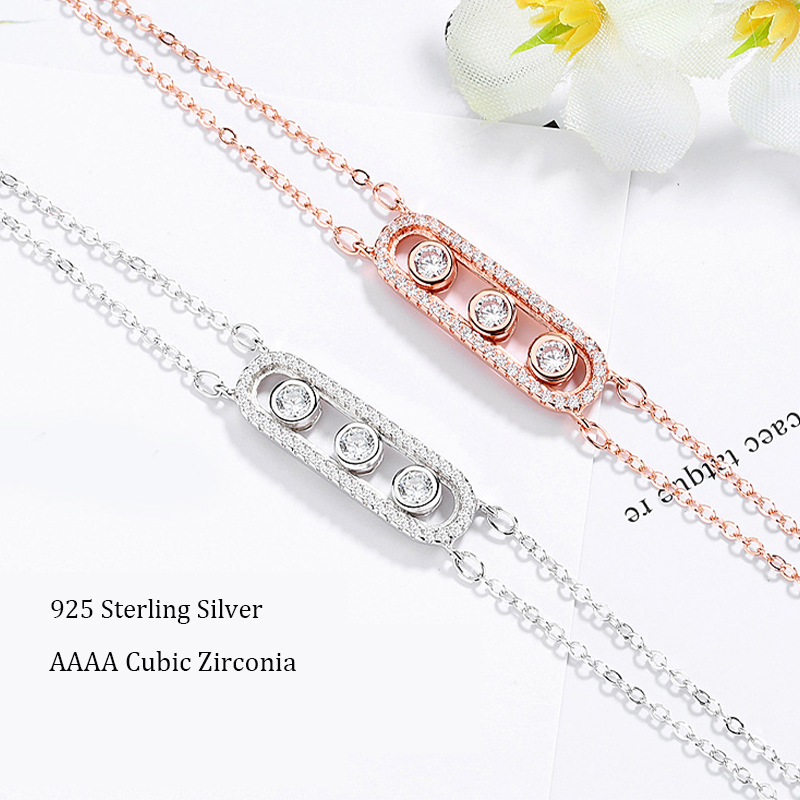 Women 925 Sterling Silver Charm Bracelet Sliding 3 Bead Geometric Cubic Zirconia Double Layers Chains Adjustable Friendship Birthday Gift