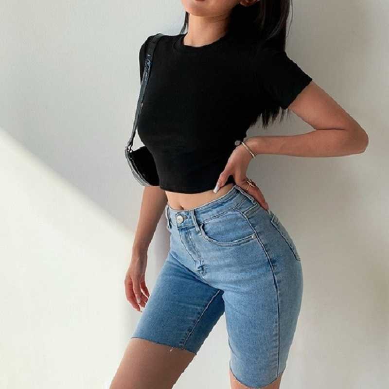 Yedinas Summer Short Sleeve Crop Top Women Solid Color Basic Tee Korean Cotton T-shirts Cropped Slim High Waist T Shirt Femme 210527