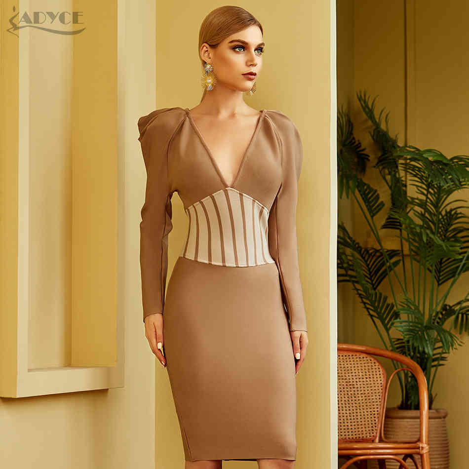 Winter Women Fashion Striped Club Party Dress Sexy V Neck Khaki Long Sleeve Celebrity Runway Bodycon Dresses Vestidos 210423