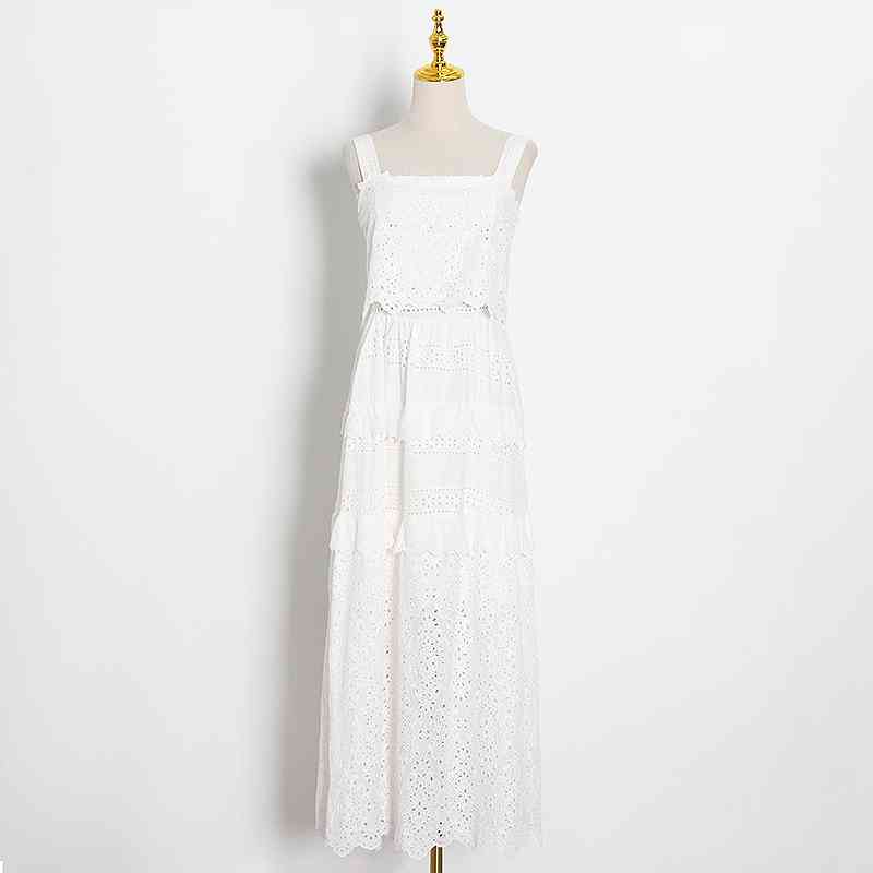 White Hollow Out Women's Dress Square Collar Sleeveless High Waist Ruched Elegant Dresses Female Clothing 210520
