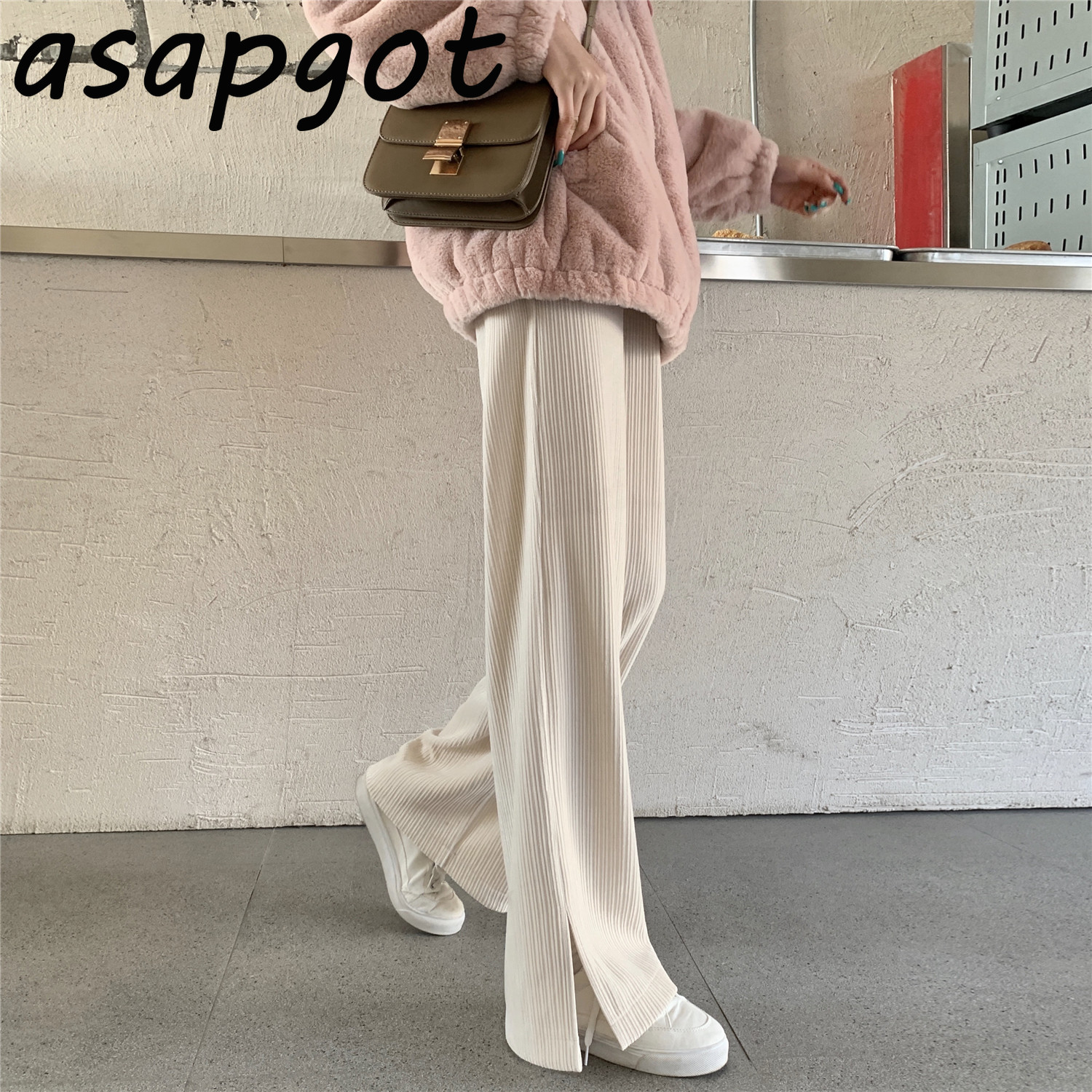 Loose Elastic High Waist Plus Size Pink Corduroy Wide Leg Pant Women Sweet Fashion Casual Black Split Knitted Straight Pants 210429