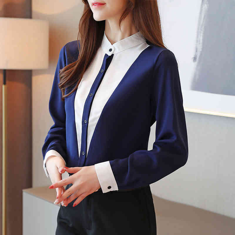 Long Sleeve Stand Collar Women Tops Casual Slim Clothing Office Ladies Shirts Fashion Chiffon Blouses 6378 50 210508