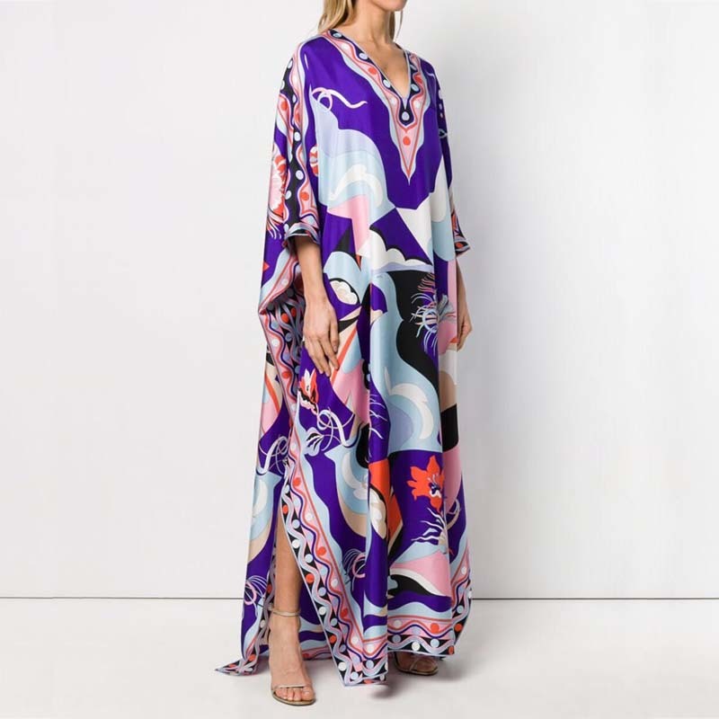 VKBN Summer Dress Women Green Pink Purple Printing Batwing Sleeves V-Neck Plus Size Women Party Dress High Quality 210507