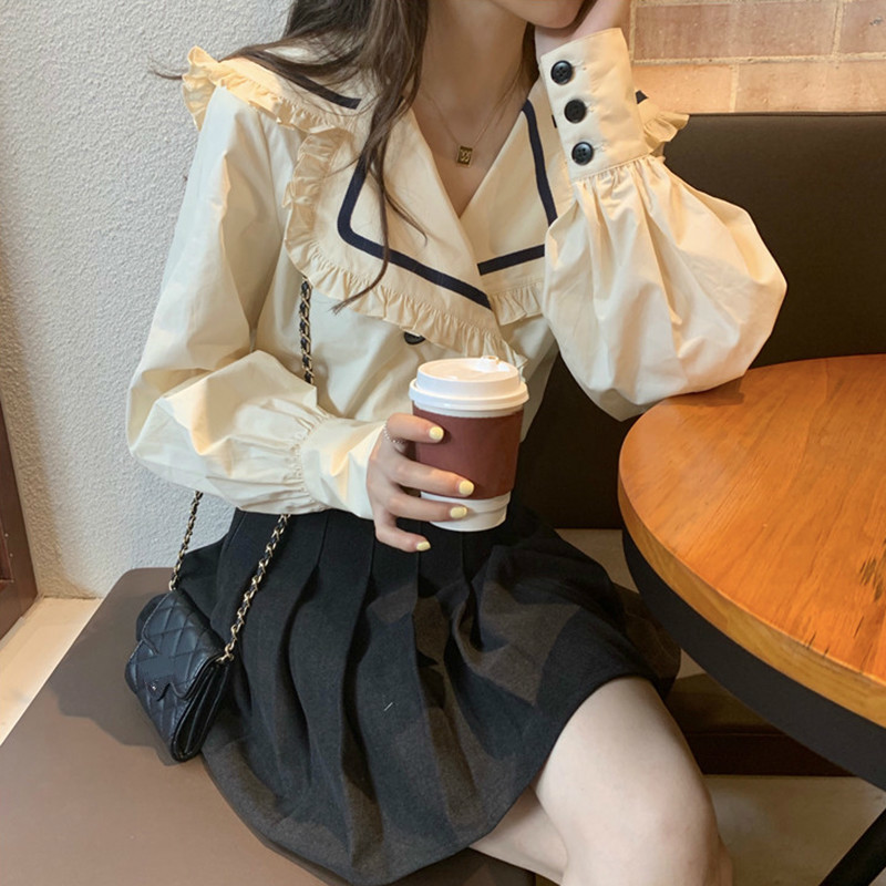 Nomikuma Women Blouse Hit Color Ruffle Peter Pan Collar Shirt Autumn New Double Breasted Long Sleeve Blusas Mujer 6D668 210427