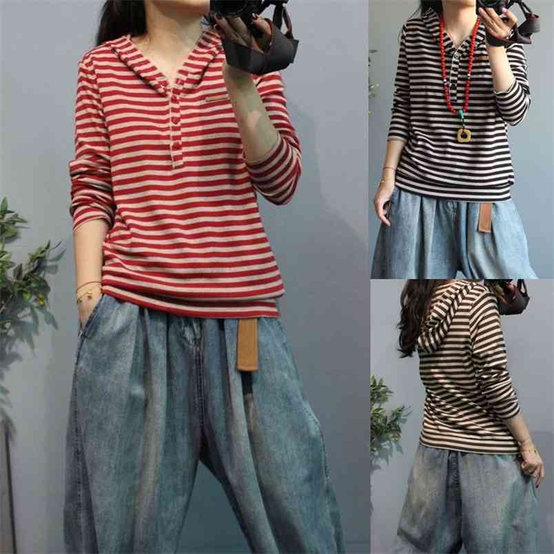 Spring Autumn Arts Style Women Long Sleeve Casual Hooded Pullovers Cotton Striped Loose Hoodies High Quality M501 210512