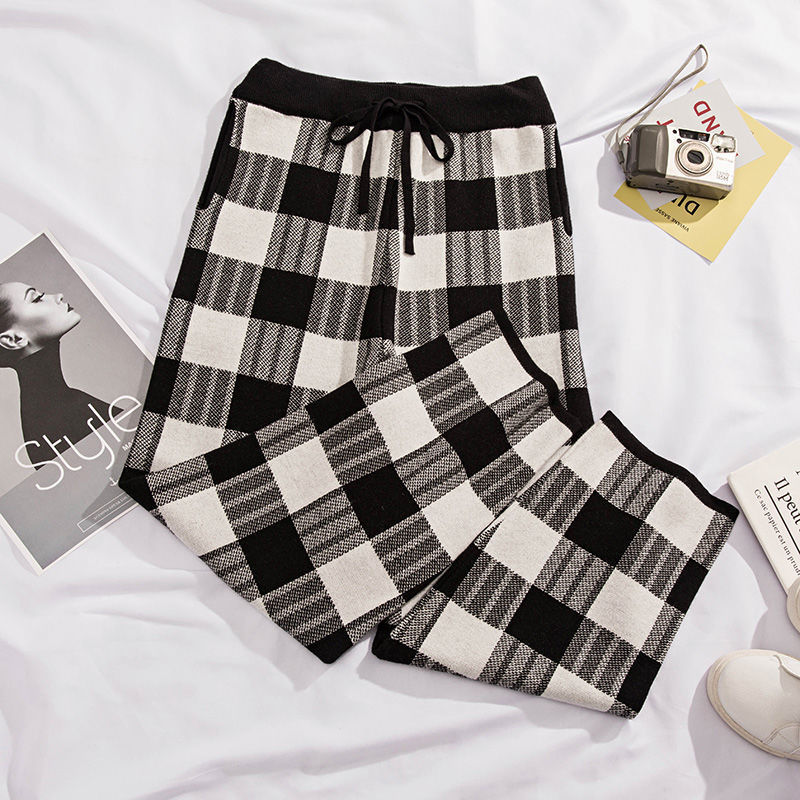 Nomikuma Autumn Wnter Thicken Knitted Pants Korean Black White Plaid Sweater Trousers Causal Lace Up Waist Anke Pants 6C979 210427