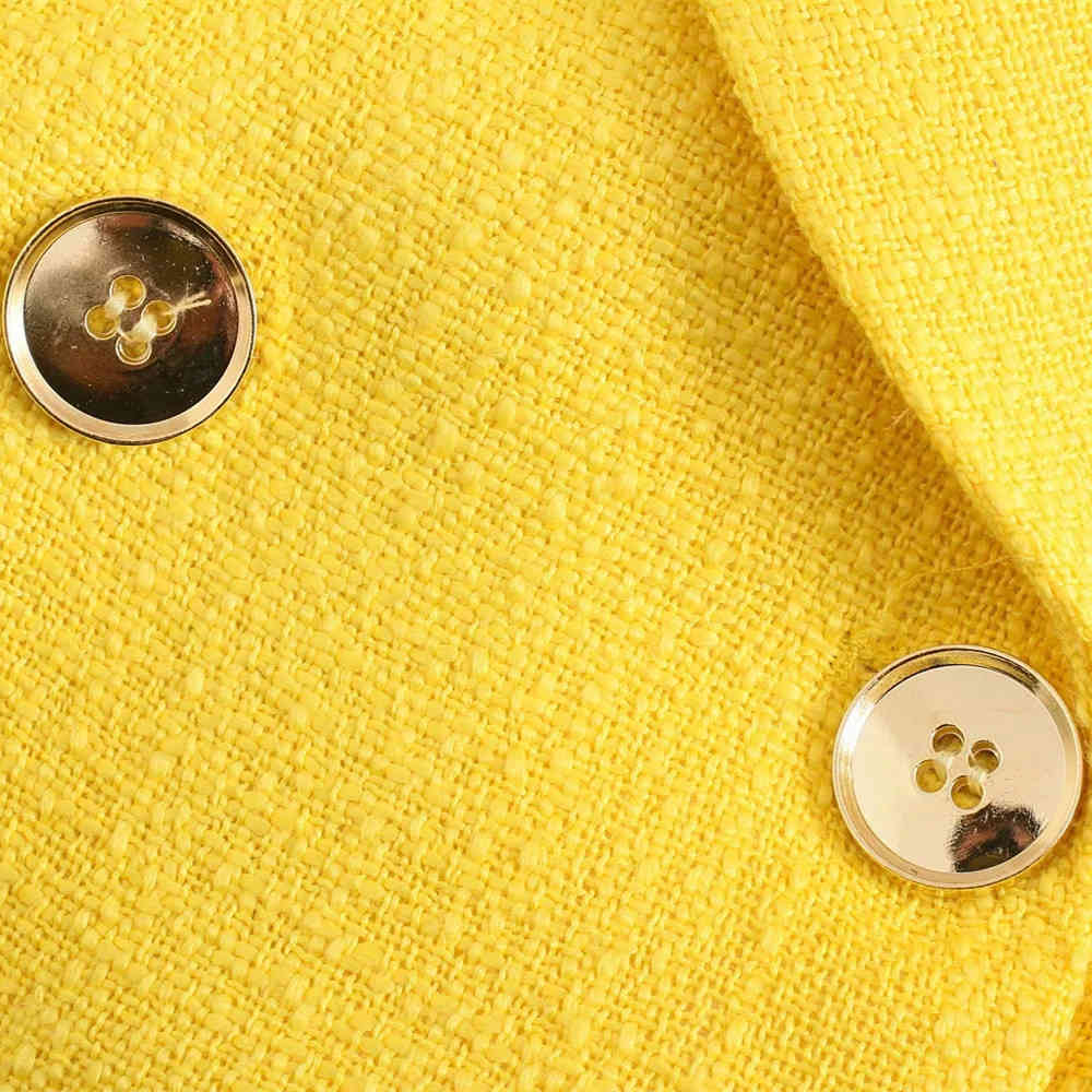 Fashion Women Yellow Tweed Blazer Jacket Spring Double Breasted Female Autumn Coat Chic Pockets Office Lady Elegant Top 210521