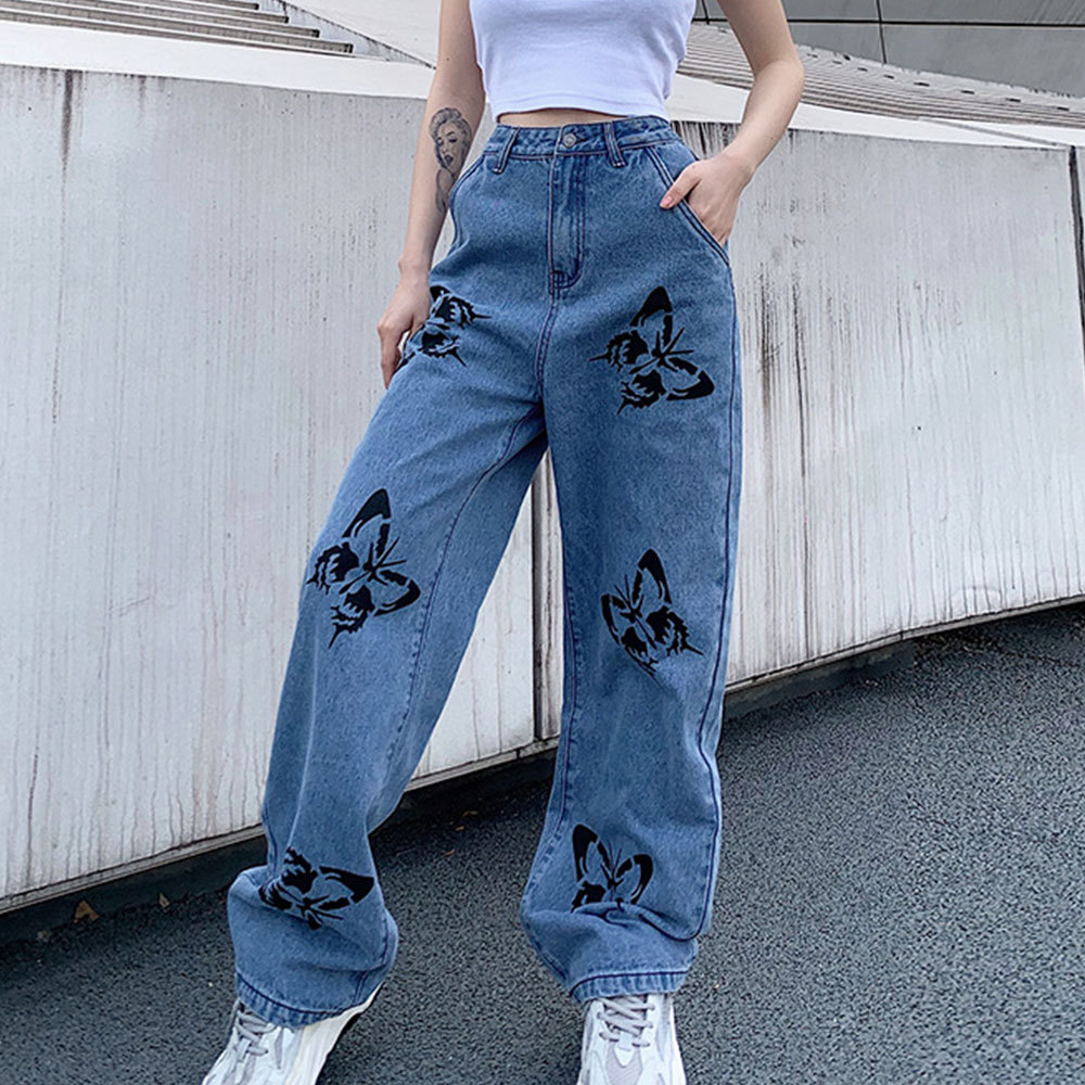 Casual High Waist Butterfly print Jeans Long Trousers Vintage Wide Leg Pants Streetwear Loose Blue 210428