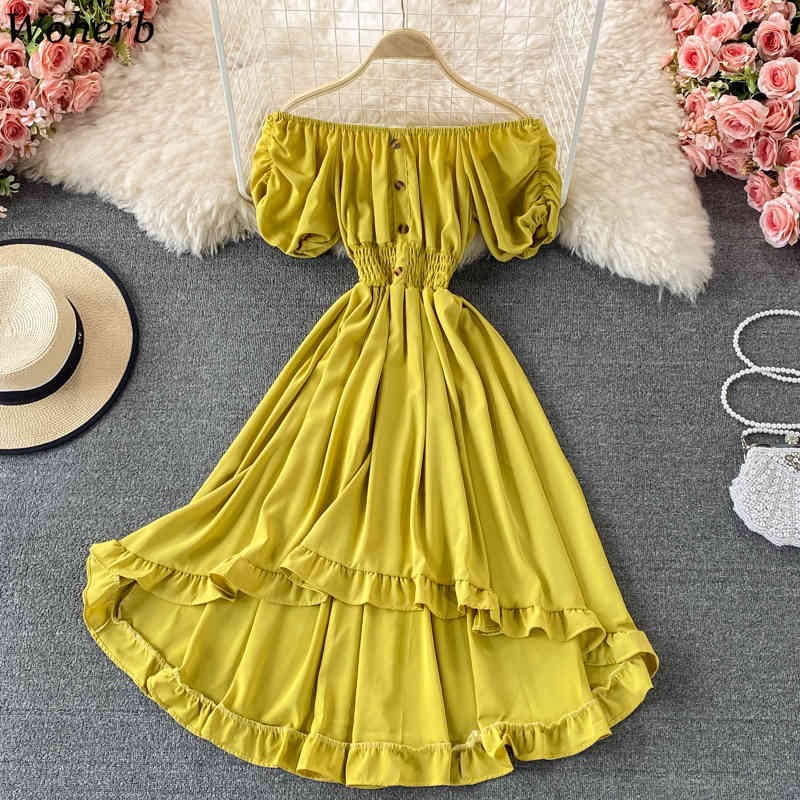 Sexy Off Shoulder Dress Women Solid Midi Dresses Woman Beach Party Ruffle Vestidos Summer Ladies Chic Robe 210519