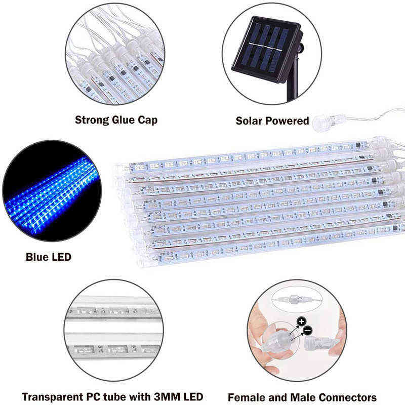 Waterproof Meteor Shower LED String Lights, Set of 3 (30/50cm, 8 Tubes), for Outdoor Christmas Decoration, Home, Tree, and Solar Street