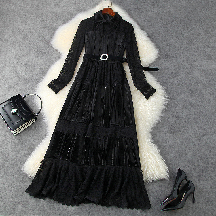 Casual Dresses European and American women' wear winter style Long - sleeved lapel belt Fashionable lace patchwork velvet dress 1DTE, Black
Casual Dresses European and American women' wear winter style Long - sleeved lapel belt Fashionable lace patchwork velvet dress 1DTE, Black