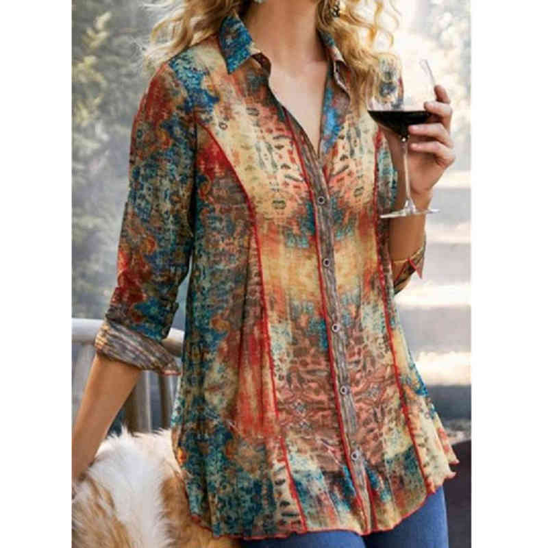 Long Sleeve Shirt Oversize V-neck Vintage Printed Tees Women Lapel Collar Tops Lady Office Loose T Shirt Fashion T-Shirts 210515