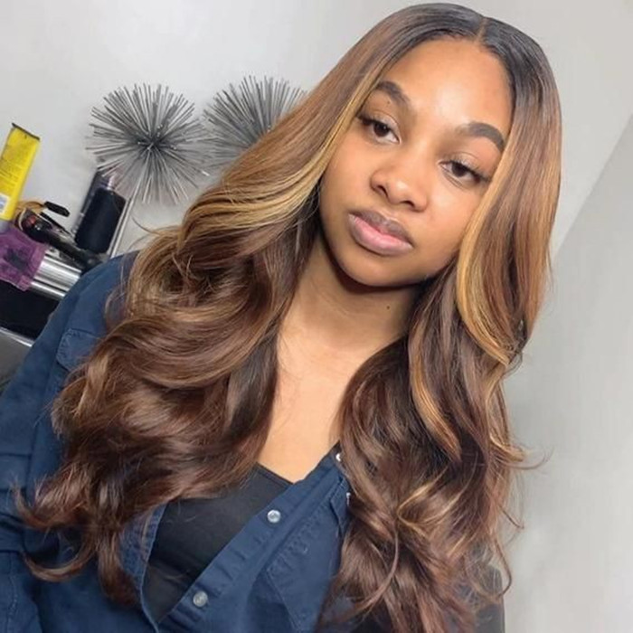 Highlight brazilian HD Transparent frontal Wig body wave Remy Ombre Honey Blonde And Brown well balayaged lace front Wigs full natural 150% diva1