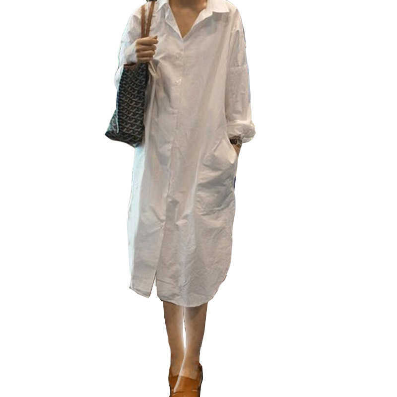 Spring Korean Summer Large Size Dress Loose Lager Casual Solid Turn-down Collar Full 210615Z