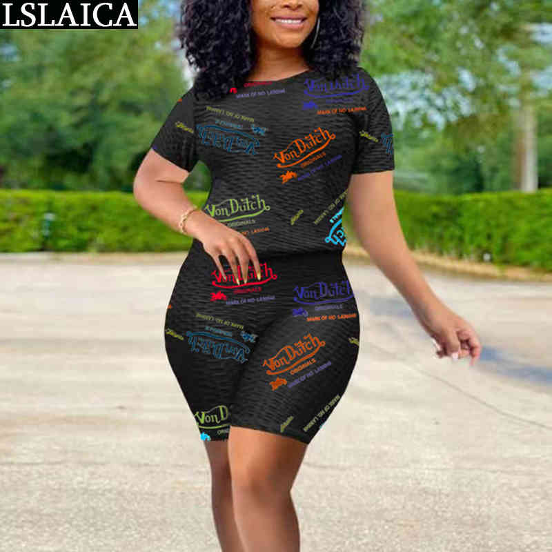 Shorts Set Women Short Sleeve Tshirt&short Pants Slim Elegant Women's Tracksuit Knit Letter Print Casual s Womens Outfits 210515