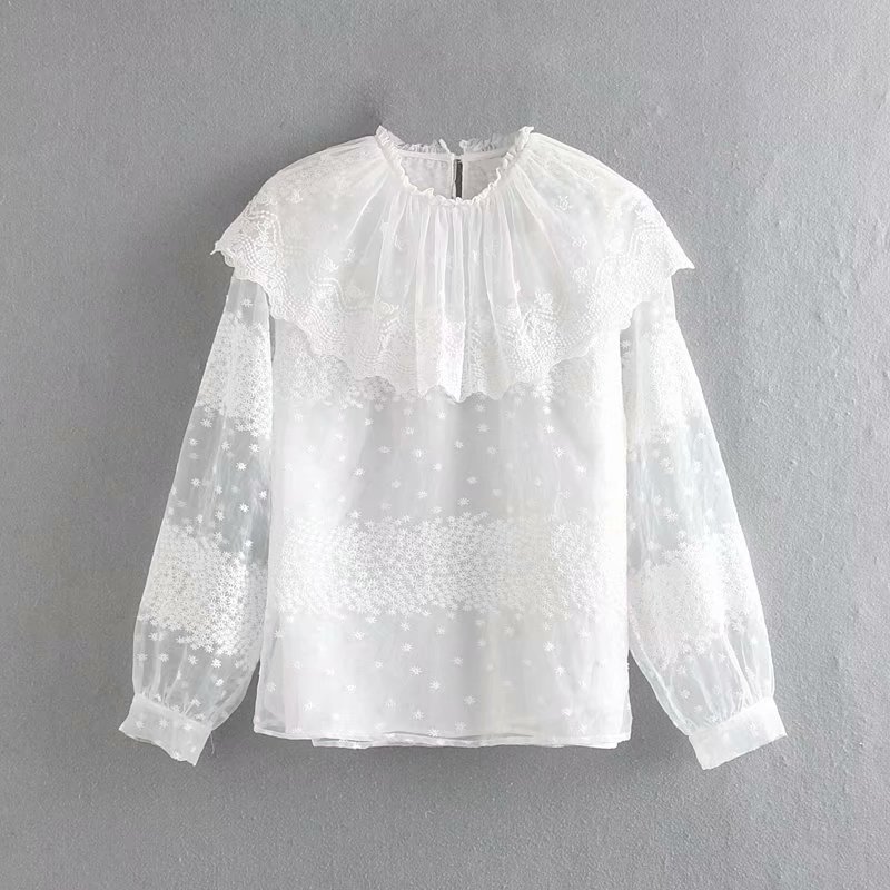 Cascading Ruffle Lace Splicing Women Shirt Embroidery Smock Leisure Lady Long Sleeves Blouse Female Loose Tops S6157 210430Z