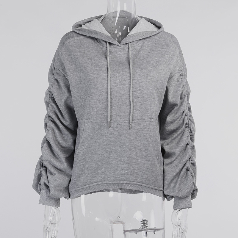 Autumn Winter White Oversized Sweatshirt Women Khaki Long Puff Sleeve Ruched Casual Loose Hooded Cotton Streetwear Tops 210521