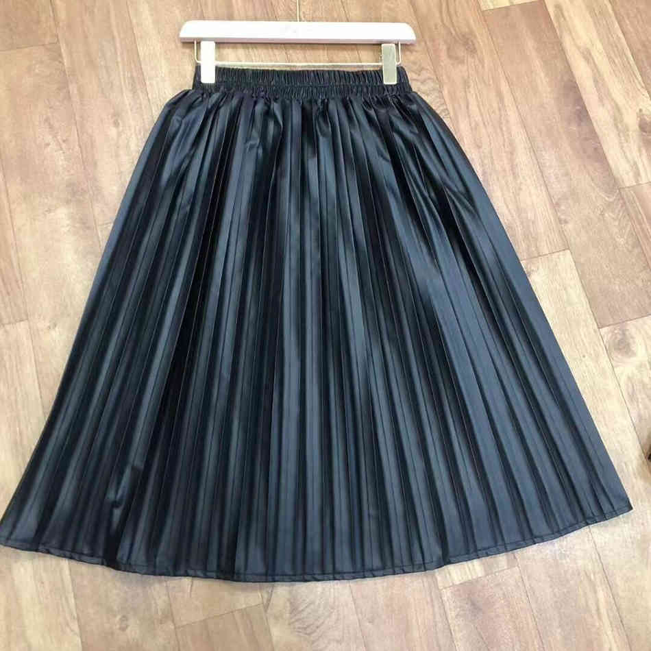 Free Spring Women's High Waist Pleated PU Skirt Elegant A-line Fashion Casual Black Midi 210524