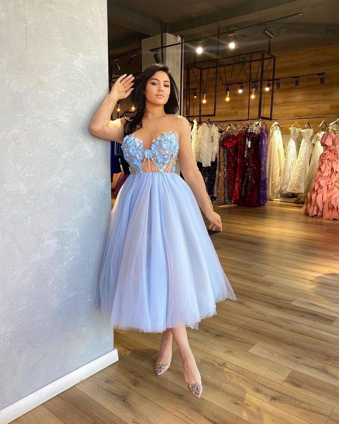 Evening Dresses Custom Made Sky Blue with Nude Tulle Beaded Flowers Appliqued Tea Length Zipper Back B21112