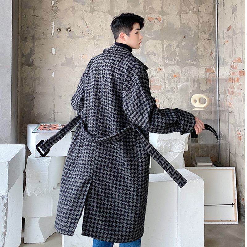 IEFB Men's Autumn Witner Woolen Coat Bright Silk Long Sleeve Black Plaid Mid Length Notched Collar Long Clothes With Belt 9Y4711 210524