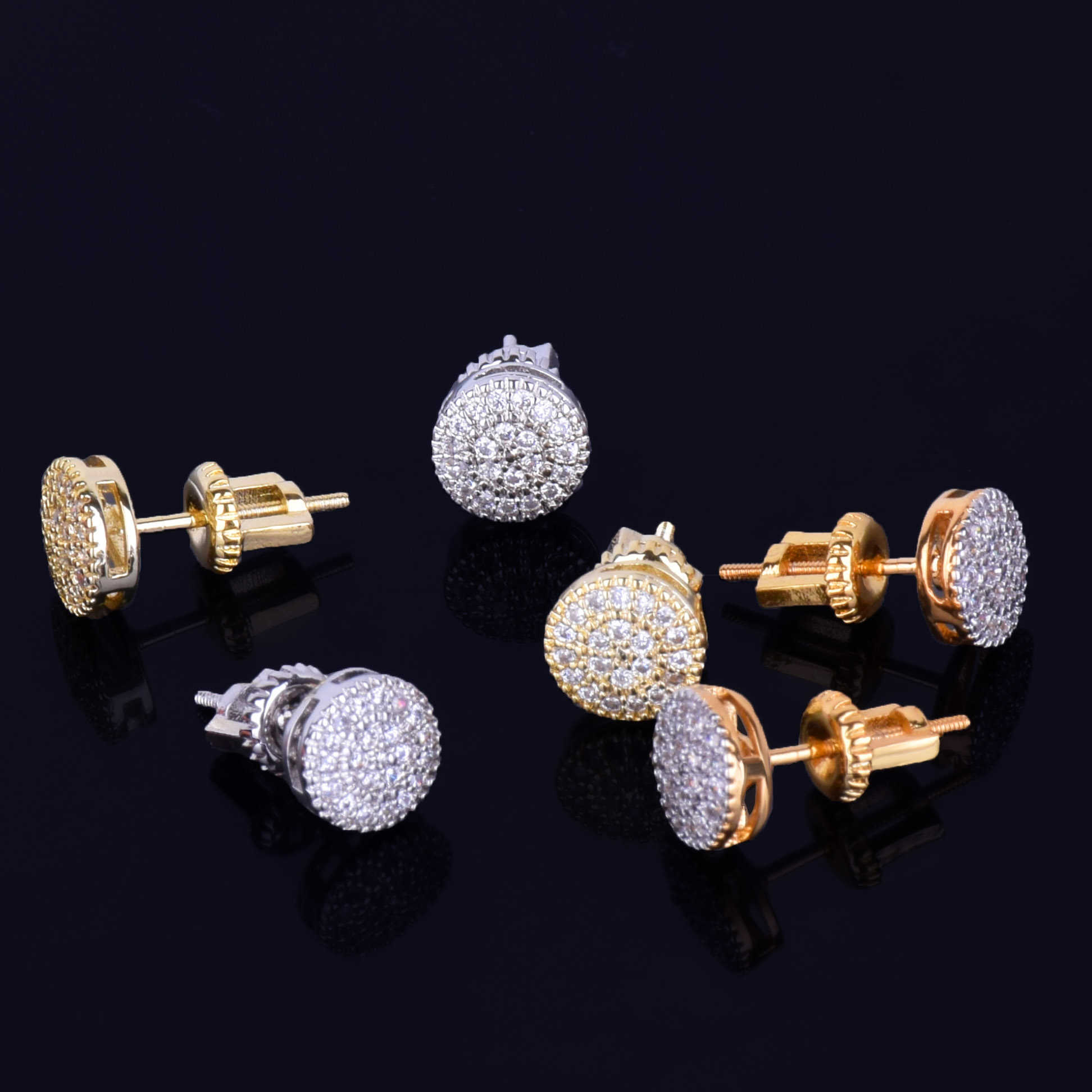 8MM Gold Color Small Round Stud Earring AAAA Cubic Zircon Screw Back Men's Earrings Fashion Hip Hop Jewelry 210817
