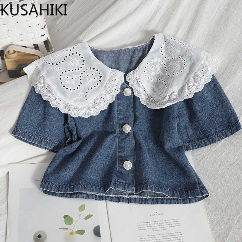 Patchwork Hit Color Peter Pan Collar Jeans Blouse Causal Puff Sleeve Woman Shirts Summer Short Demin Blusas 6H107 210603, Blue
Patchwork Hit Color Peter Pan Collar Jeans Blouse Causal Puff Sleeve Woman Shirts Summer Short Demin Blusas 6H107 210603, Blue