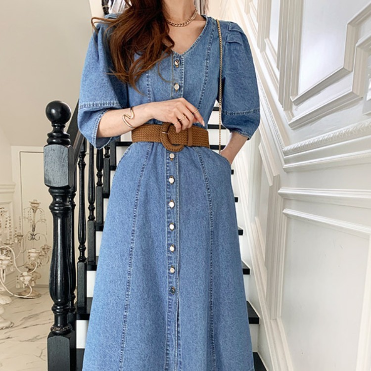 Women Dress Korea Retro Temperament Denim V-Neck Single-Breasted Slim Waist Puff Sleeve Chic Long With Belt Vestido 210519