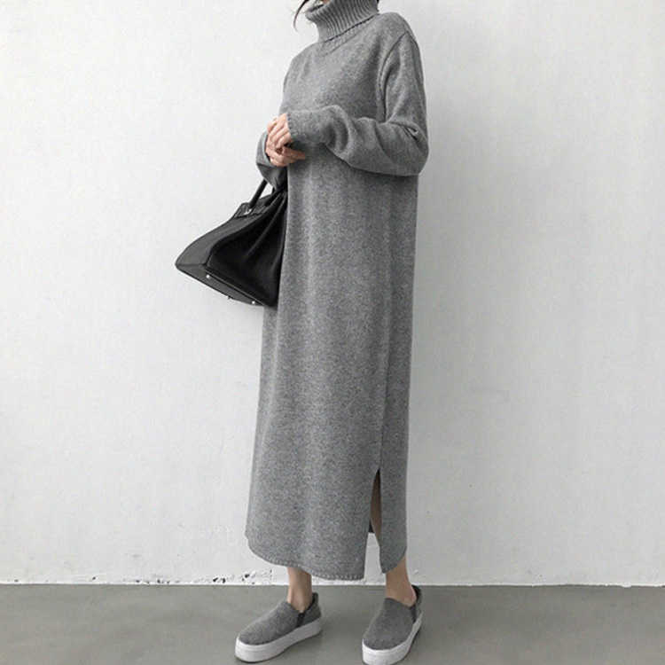 Warm Turtleneck Thick Knitting Winter Black Sweater Dress Women Knitted Female Loose Girls Long Dresses Womens Oversize Vestidos 210630