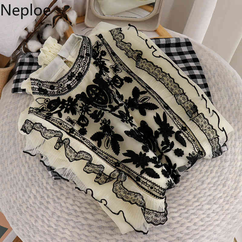 Neploe Lace Heavy Embroidery Blouses Women Spring Clothes Gauze Beading Shirts Stand Neck Patchwork Chiffon Blouse Tops 4H132 210422