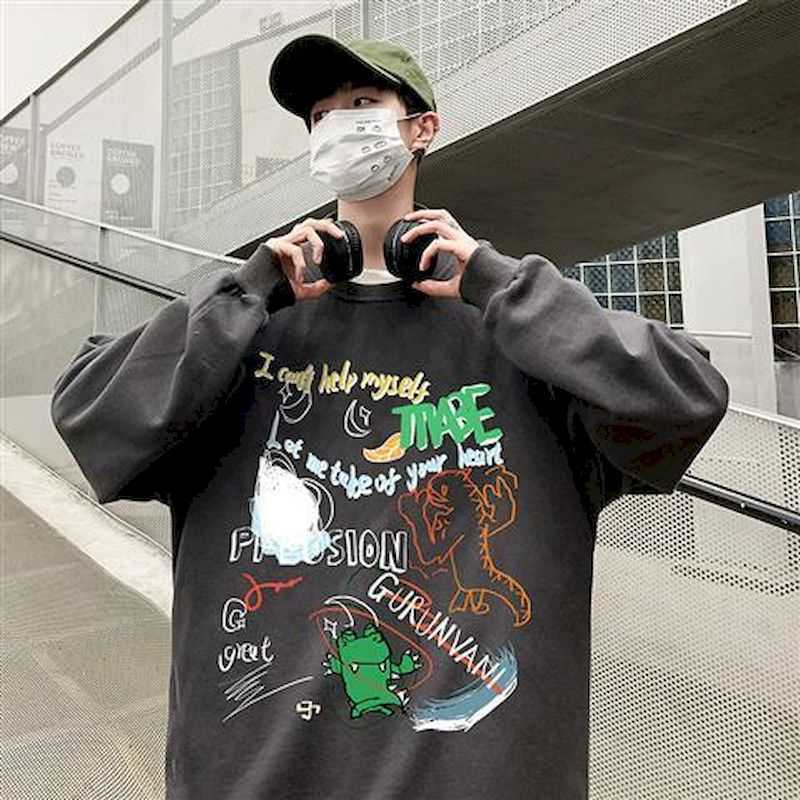 Autumn thick hooded graffiti sweater men's trend hip hop loose wild tb jacket student hoodie large size clothes 210526