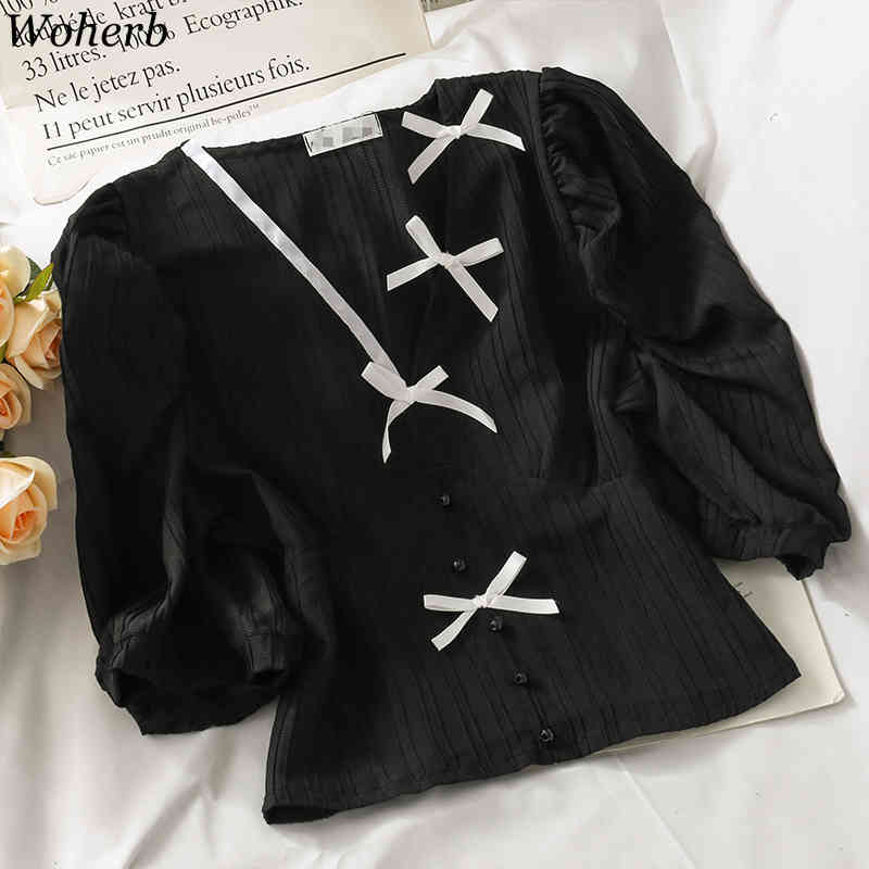 Women Blouses V Neck Puff Short Sleeve SlimCrop Top Korean Bowknot Stripes Elegant Shirts Summer Chic Blusas Mujer 4i657 210519