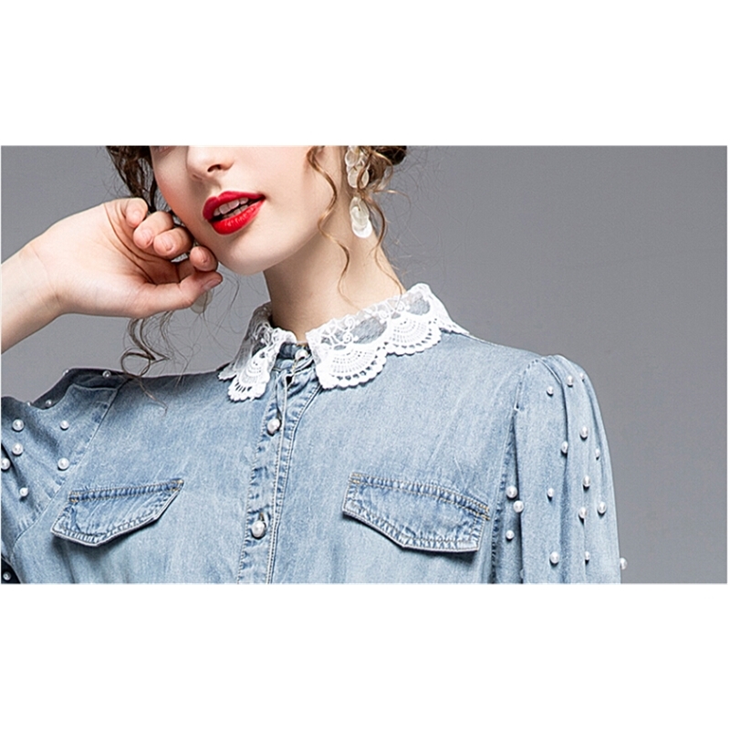 Womens Summer Denim Dress Office Lady Vintage Beading Short Sleeve Lace Turn Down Collar Elegant Party es 210520