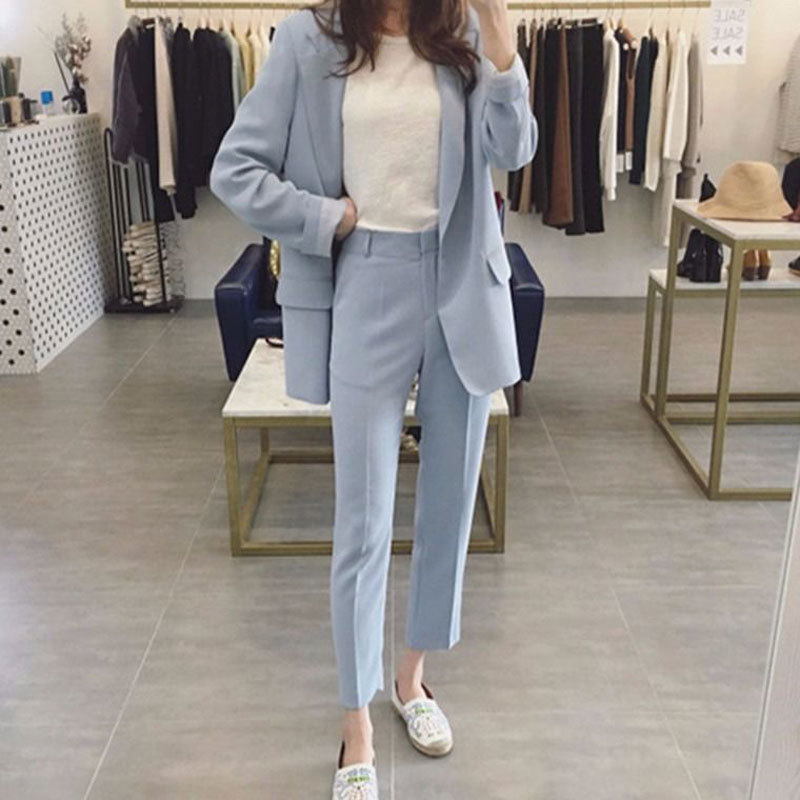 Women Single botton Work Blazer Suits OL Pants Suit Notched Blazers Jackets With Trouser Two Pieces Set Red Pink GREEN 210510