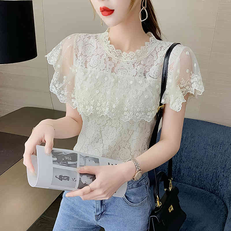 Blusas Mujer De Moda Blouse For Women White Blouse Ruffles Hollow Lace Blouse Short Top For Women White Shirts 210515