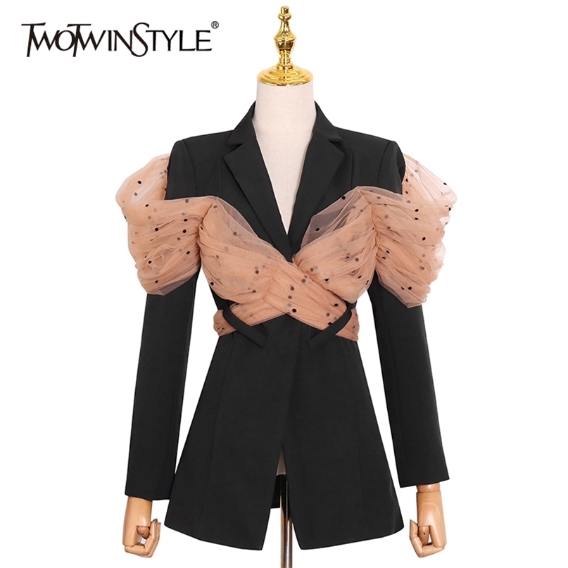 TWOTWINSTYLE Casual Hollow Out Blazer For Women Notched Long Sleeve Patchwork Mesh Hit Color Blazers Female Fashion 211122