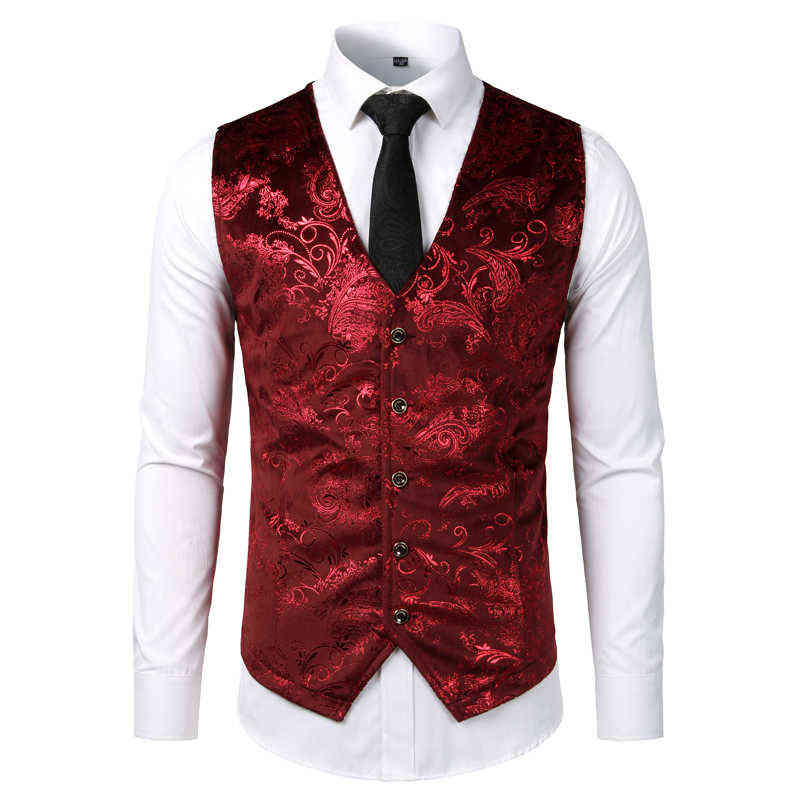 Gold Steampunk Vest Men Suit Gilet Homme Wedding Sleeveless Slim Fit Paisley Floral Dress Vests For Men Single Buttons Waistcoat 211111