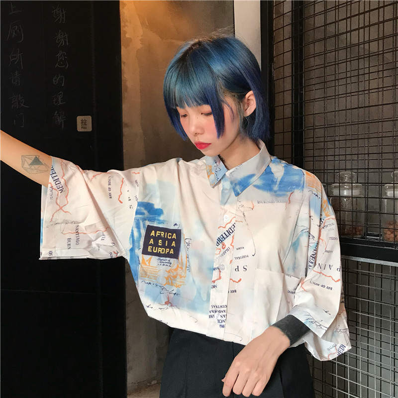 Neploe Harajuku Streetwear Blouse Shirt Short Sleeve Turn-down Collar Top Digital Printing Woman Man Oversized Shirts 37776 210317