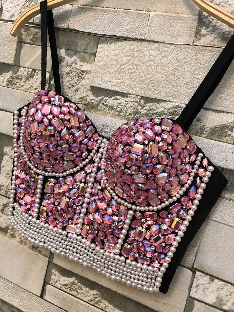 Queen Bead Bustier Pearls Diamond Push Up Night Club Bralette Women's Bra Cropped Top Plus Size 210527