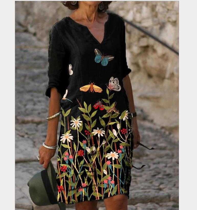 Women Printing Dress Summer V-Neck Half Sleeve A-Line es Female Retro litera Vintage Loose Vestidos 210623