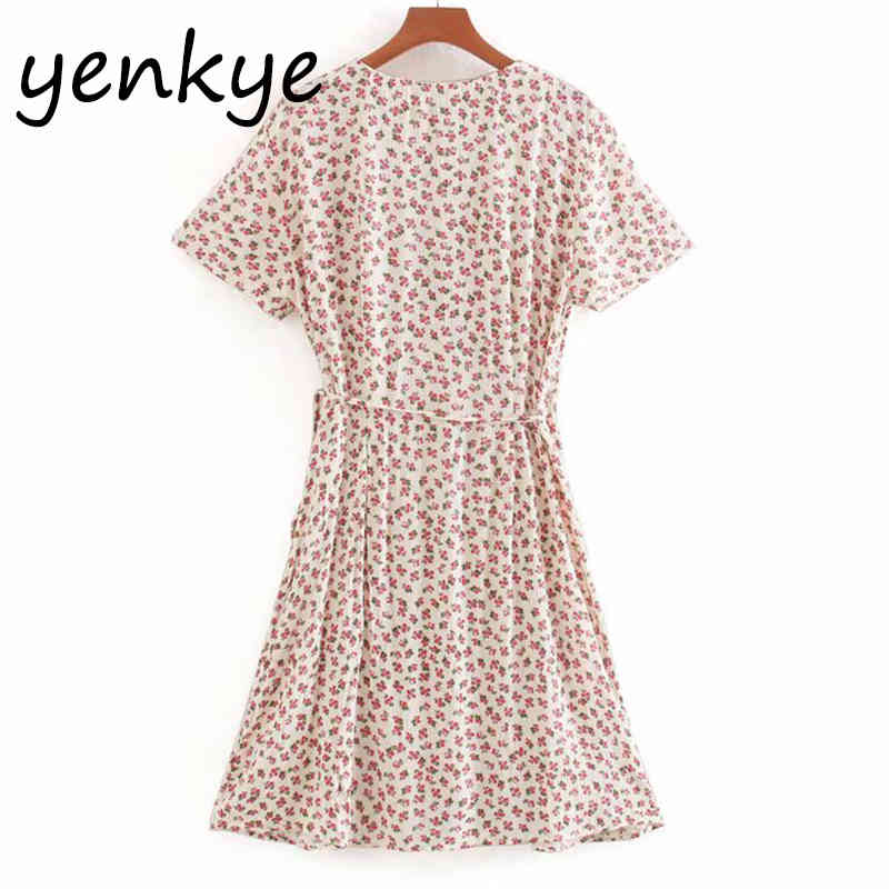 Vintage Women Sweet Floral Print Wrap Dresses Short Sleeve Cross V Neck A-line Sundress robe femme Casual Holiday Summer Dress 210515