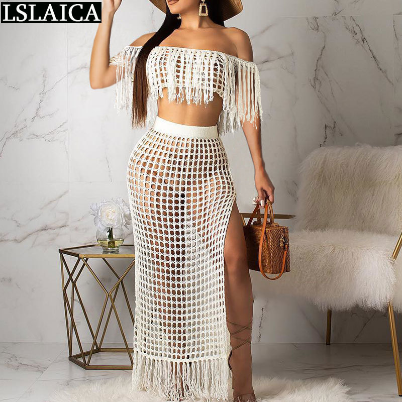 Sexy Outfits for Woman Beach Night Club Fashion 2 Piece Set Women Exposed Navel Hollow Out Tassel Thigh Slit Skirt 210515