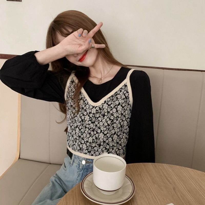 Nomikuma Korean Autumn Women 2pieces Blouse Sets Long Sleeve O-neck Causal Pullover Shirt + Floral Sling Vest New 6D279 210427