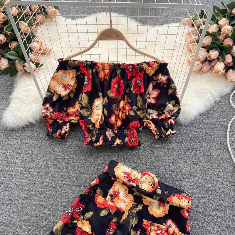 DEAT Women Slash Neck Printing Top Shorts Arrivals Two Piece Set Temperament Fashion Spring Summer 11D1562 210709