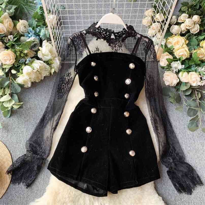 Sexy Women Two Pieces Set Stylish Long Sleeved Hollow Out Mesh Lace Shirt and Spaghetti Strap Velvet Jumpsuit 210603, Beige
Sexy Women Two Pieces Set Stylish Long Sleeved Hollow Out Mesh Lace Shirt and Spaghetti Strap Velvet Jumpsuit 210603, Beige